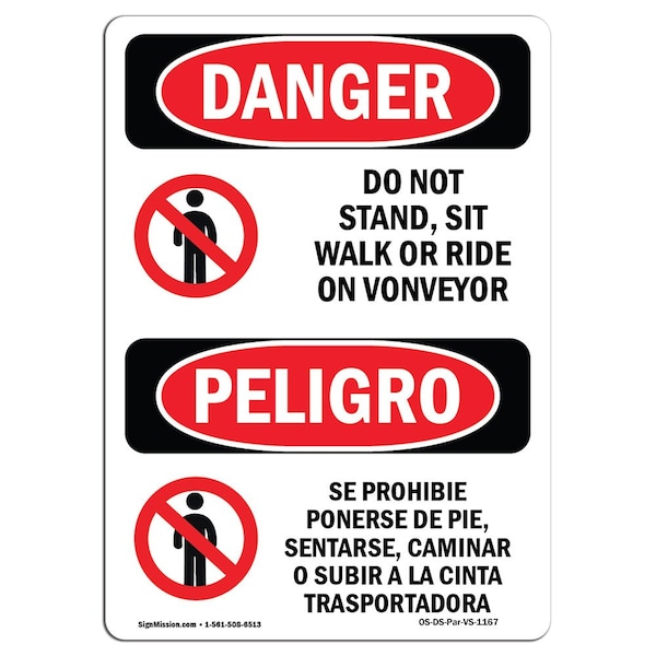 OSHA, Do Not Stand Sit Walk Conveyor Bilingual, 18in X 12in Rigid Plastic, 12" W, 18" H, Spanish